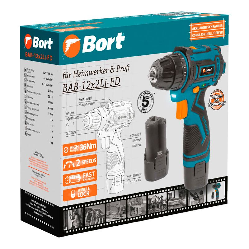 Дрель-шуруповерт аккумуляторная Bort BAB-12x2Li-FD (2x1,5 Ah) - фото 6