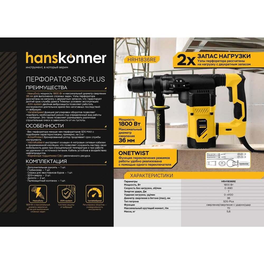 Перфоратор SDS Plus Hanskonner HRH1836RE - фото 2