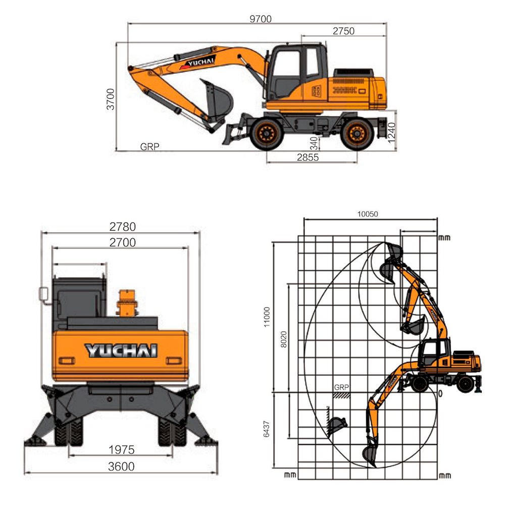 Экскаватор Yuchai YC210W Размеры