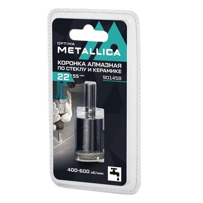 Коронка алмазная METALLICA Optima 22x55 мм, #80, по стеклу, плитке, 1 шт, в блистере - фото 1