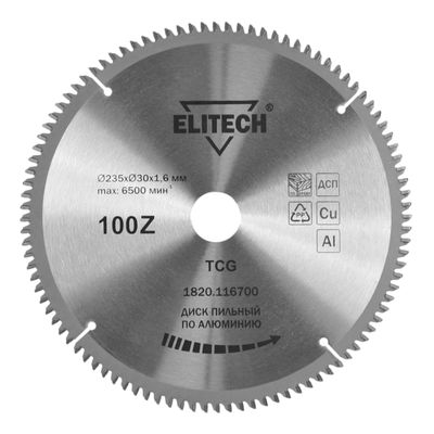 Диск пильный Elitech 235х30 мм 100 зубьев алюминий 1820.116700 - фото 1