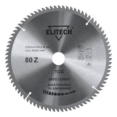 Диск пильный Elitech 250х30 мм 80 зубьев алюминий 1820.116800 - фото 1