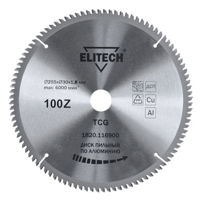 Диск пильный Elitech 255х30 мм 100 зубьев алюминий 1820.116900 - фото 1