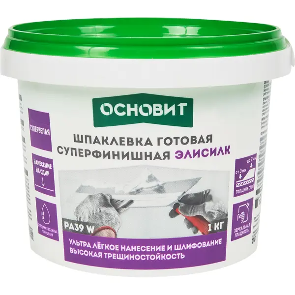 Шпаклевка готовая суперфинишная супербелая Основит Элисилк PA39 W 1 кг - фото 1